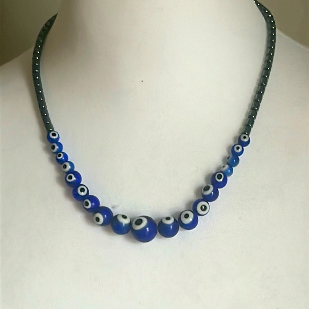 New Handcrafted cobalt Blue Glass Evil Eye Graduated and Hematite Bead Necklace